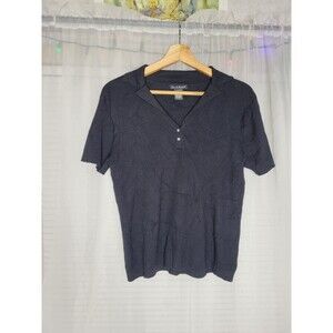Alexandra Bartlett Silk Ribbed Polo Shirt V-Neck Stretchy Solid Black 90's
